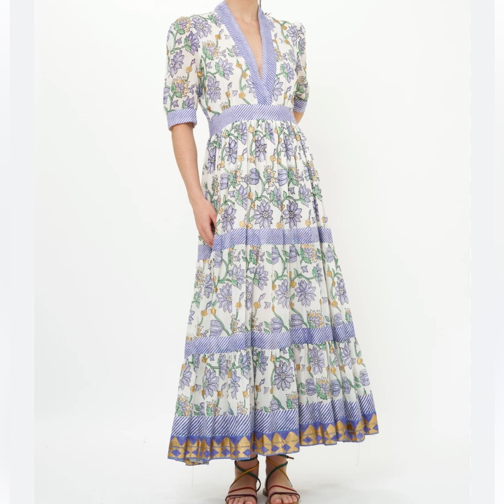 Oliphant - Women’s V-Neck Cuffed Maxi Dress in ‘Presidio Blue’ Print Large - Picture 5 of 17